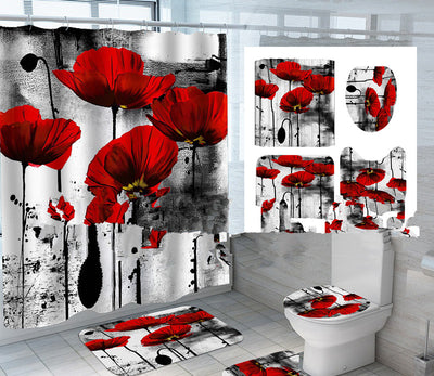 Four-piece lotus flower bathroom set with shower curtain, bath mat, toilet lid cover, and U-shaped toilet mat. - Image 7