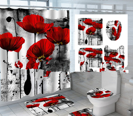 Four-piece lotus flower bathroom set with shower curtain, bath mat, toilet lid cover, and U-shaped toilet mat. - Image 7