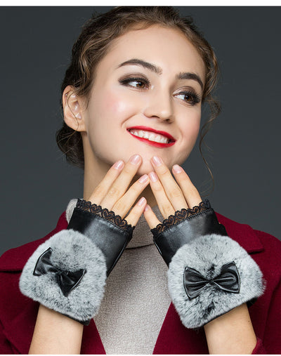 Guantes de Cuero Genuino Medio Dedo para Mujer - Invierno Cálido con Piel de Conejo Rex - Image 10