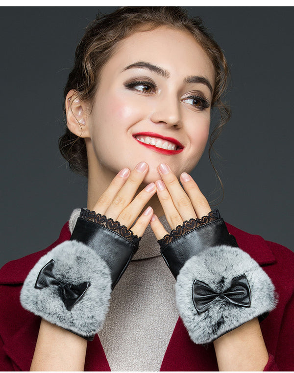 Guantes de Cuero Genuino Medio Dedo para Mujer - Invierno Cálido con Piel de Conejo Rex - Image 4