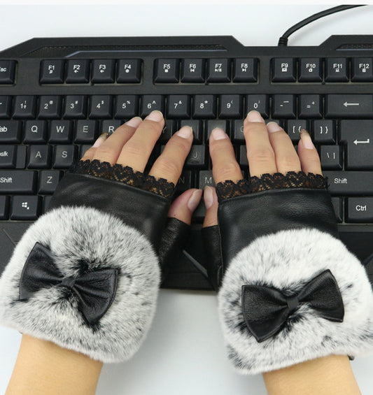 Guantes de Cuero Genuino Medio Dedo para Mujer - Invierno Cálido con Piel de Conejo Rex - Image 2