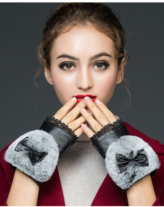 Guantes de Cuero Genuino Medio Dedo para Mujer - Invierno Cálido con Piel de Conejo Rex