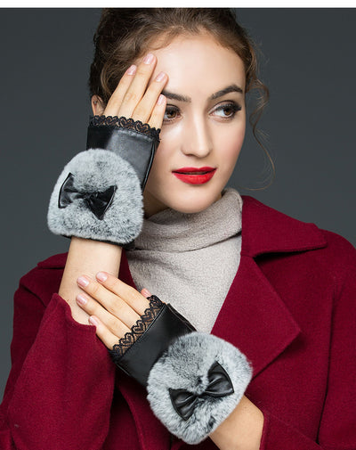Guantes de Cuero Genuino Medio Dedo para Mujer - Invierno Cálido con Piel de Conejo Rex - Image 5