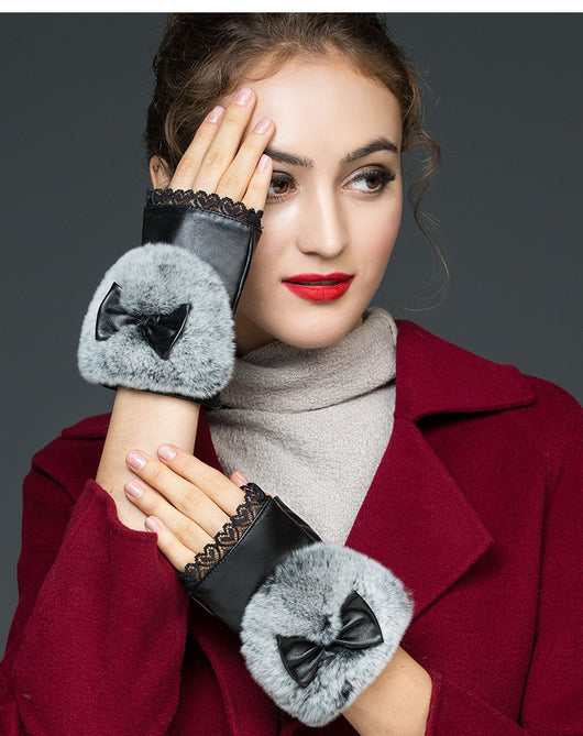 Guantes de Cuero Genuino Medio Dedo para Mujer - Invierno Cálido con Piel de Conejo Rex - Image 5
