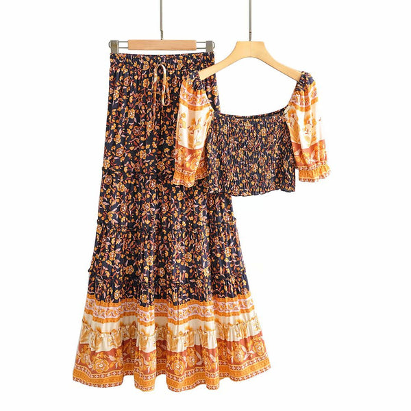 Blusa Elegante Hombros Descubiertos con Falda Midi
