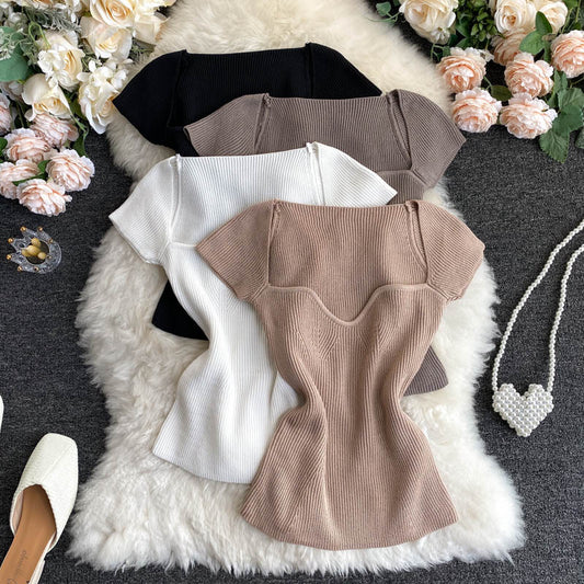 Blusa Ajustada Escote Profundo - Camiseta Básica Tejida Manga Corta Multiusos