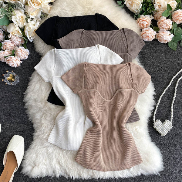 Blusa Ajustada Escote Profundo - Camiseta Básica Tejida Manga Corta Multiusos