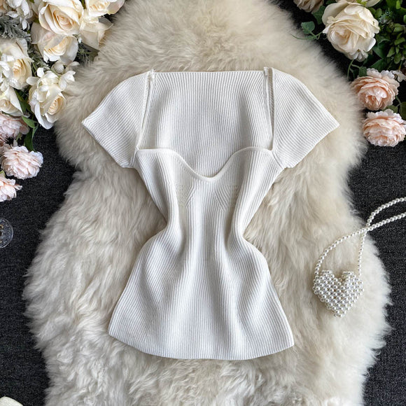 Blusa Ajustada Escote Profundo - Camiseta Básica Tejida Manga Corta Multiusos