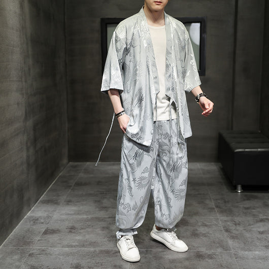 Traje Hanfu Tradicional Chino - Camiseta Ice Silk con Bordado Pez Volador para Hombre - Image 7