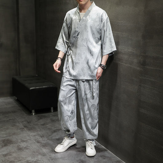 Traje Hanfu Tradicional Chino - Camiseta Ice Silk con Bordado Pez Volador para Hombre - Image 8