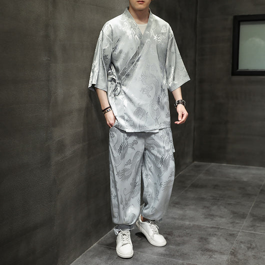 Traje Hanfu Tradicional Chino - Camiseta Ice Silk con Bordado Pez Volador para Hombre - Image 10