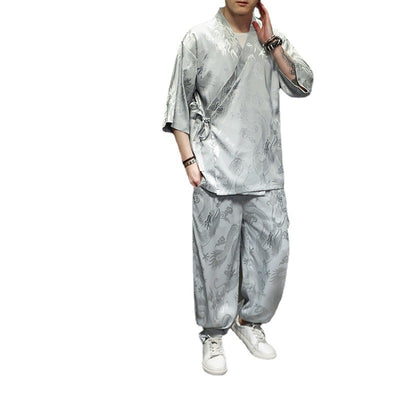 Traje Hanfu Tradicional Chino - Camiseta Ice Silk con Bordado Pez Volador para Hombre - Image 9