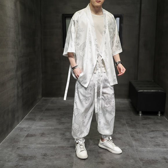 Traje Hanfu Tradicional Chino - Camiseta Ice Silk con Bordado Pez Volador para Hombre