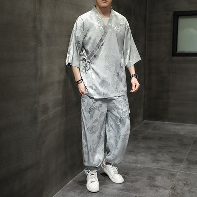 Traje Hanfu Tradicional Chino - Camiseta Ice Silk con Bordado Pez Volador para Hombre - Image 3
