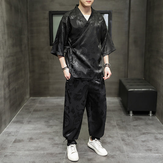 Traje Hanfu Tradicional Chino - Camiseta Ice Silk con Bordado Pez Volador para Hombre