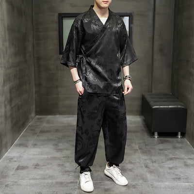 Traje Hanfu Tradicional Chino - Camiseta Ice Silk con Bordado Pez Volador para Hombre