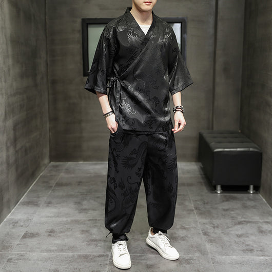 Traje Hanfu Tradicional Chino - Camiseta Ice Silk con Bordado Pez Volador para Hombre