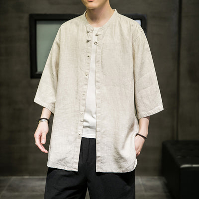 Camisa Linen Hanfu Tradicional Manga Tres Cuartos para Hombre - Algodón y Lino - Image 11