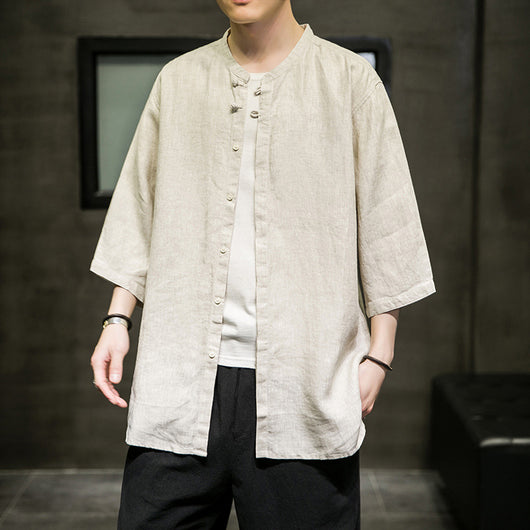 Camisa Linen Hanfu Tradicional Manga Tres Cuartos para Hombre - Algodón y Lino - Image 11