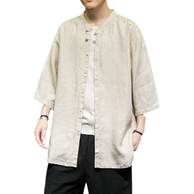 Camisa Linen Hanfu Tradicional Manga Tres Cuartos para Hombre - Algodón y Lino - Image 9