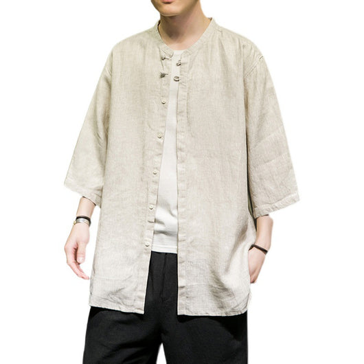 Camisa Linen Hanfu Tradicional Manga Tres Cuartos para Hombre - Algodón y Lino - Image 9