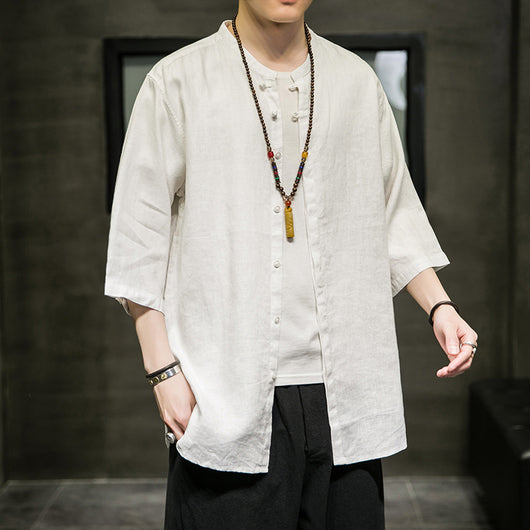 Camisa Linen Hanfu Tradicional Manga Tres Cuartos para Hombre - Algodón y Lino