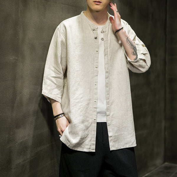 Camisa Linen Hanfu Tradicional Manga Tres Cuartos para Hombre - Algodón y Lino