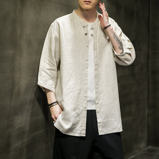 Camisa Linen Hanfu Tradicional Manga Tres Cuartos para Hombre - Algodón y Lino - Image 2