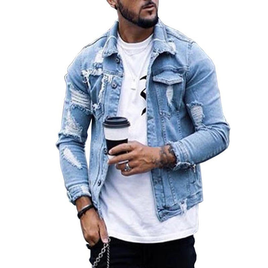Chaqueta Denim para Hombre con Diseño Rotos Irregular Lavado Vintage - Image 8