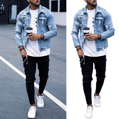 Chaqueta Denim para Hombre con Diseño Rotos Irregular Lavado Vintage
