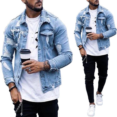 Chaqueta Denim para Hombre con Diseño Rotos Irregular Lavado Vintage - Image 5