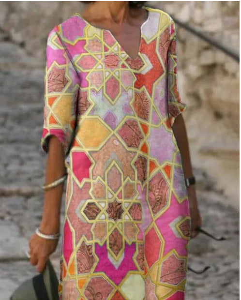 Vestido Largo Tallas Grandes con Escote en V y Mangas Largas en Patchwork de Colores - Image 3