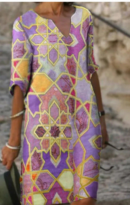 Vestido Largo Tallas Grandes con Escote en V y Mangas Largas en Patchwork de Colores