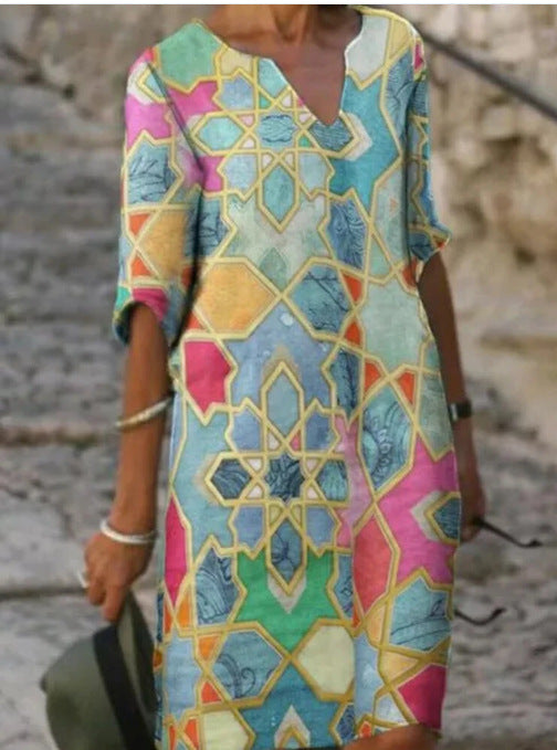 Vestido Largo Tallas Grandes con Escote en V y Mangas Largas en Patchwork de Colores