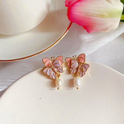 Aretes de Aguja Plata 925 con Mariposa Esmaltada y Perla de Agua Dulce Estilo Retro Francés - Image 7