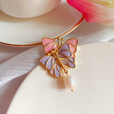 Aretes de Aguja Plata 925 con Mariposa Esmaltada y Perla de Agua Dulce Estilo Retro Francés - Image 9