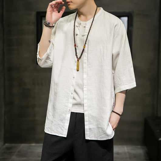 Camisa Linen Hanfu Tradicional Manga Tres Cuartos para Hombre - Algodón y Lino - Image 6