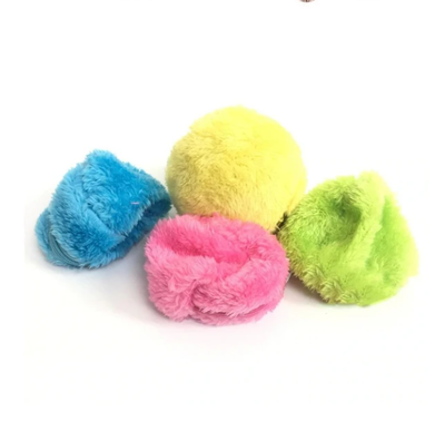 Blue plush pet toy ball with a zipper, shown with its internal black plastic mechanism and a golden retriever. - Image 9