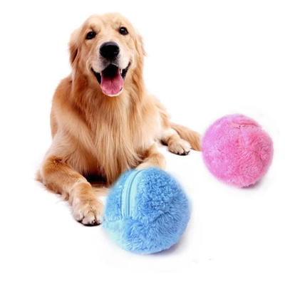Blue plush pet toy ball with a zipper, shown with its internal black plastic mechanism and a golden retriever. - Image 13