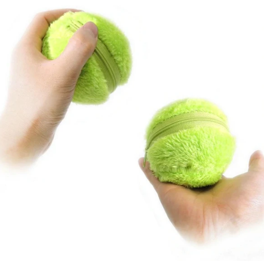 Blue plush pet toy ball with a zipper, shown with its internal black plastic mechanism and a golden retriever. - Image 2