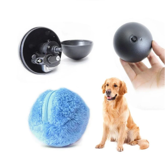 Blue plush pet toy ball with a zipper, shown with its internal black plastic mechanism and a golden retriever.