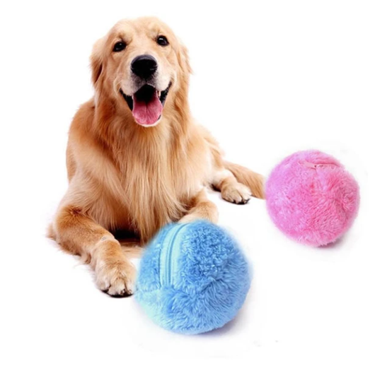Blue plush pet toy ball with a zipper, shown with its internal black plastic mechanism and a golden retriever. - Image 5