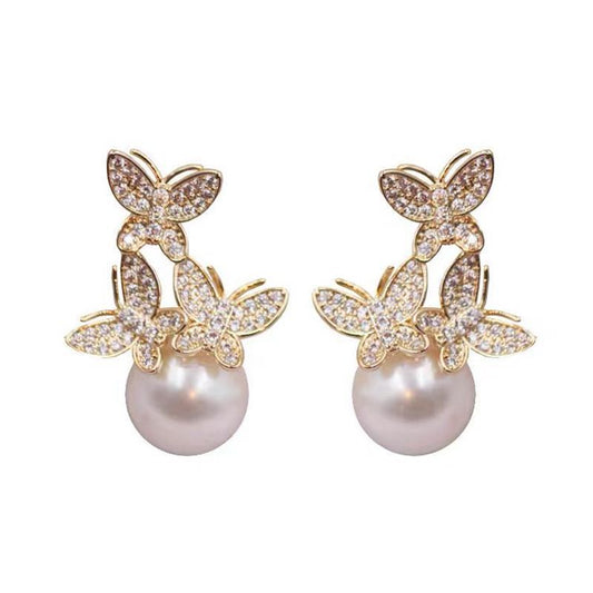 Aretes de Plata 925 con Perla y Mariposa de Cristales - Lujo Ligero