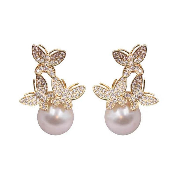 Aretes de Plata 925 con Perla y Mariposa de Cristales - Lujo Ligero