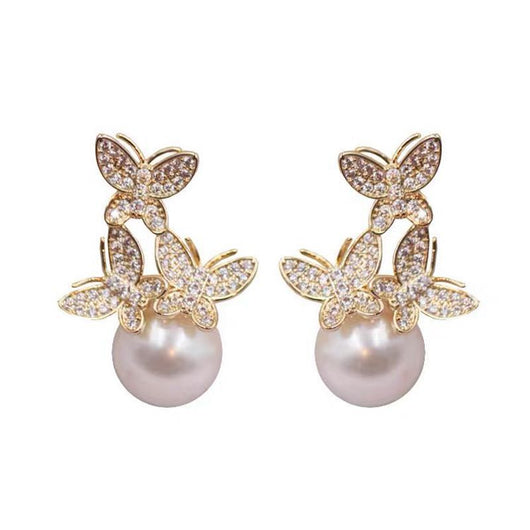 Aretes de Plata 925 con Perla y Mariposa de Cristales - Lujo Ligero