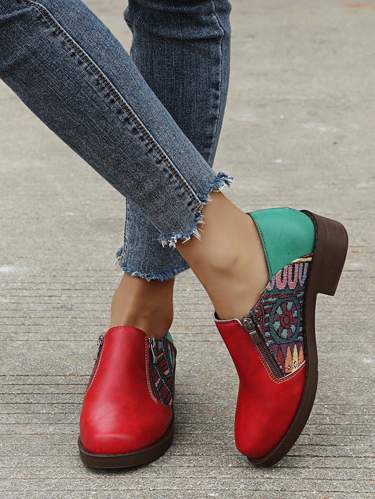 Zapatos de Tacón Cuadrado Bajo con Diseño de Bloques de Color Estilo Romano para Mujer
