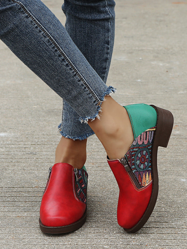 Zapatos de Tacón Cuadrado Bajo con Diseño de Bloques de Color Estilo Romano para Mujer