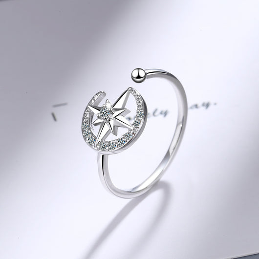 Anillo de Moda Mujer Estilo Japonés con Diamante y Luna Estrella Abierto - Image 8