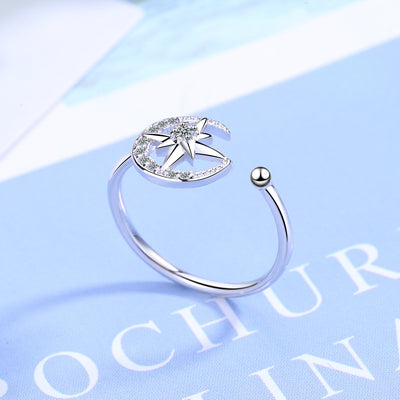 Anillo de Moda Mujer Estilo Japonés con Diamante y Luna Estrella Abierto - Image 4