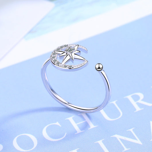 Anillo de Moda Mujer Estilo Japonés con Diamante y Luna Estrella Abierto - Image 4